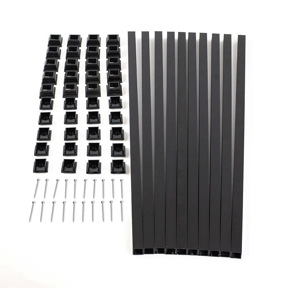 10 black square balusters with snap'n lock connectors on a white background