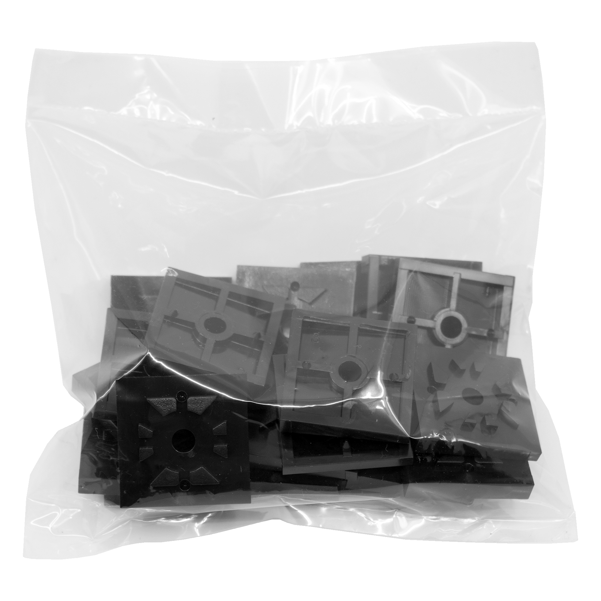 Clear plastic bag with black plastic components inside on a white background