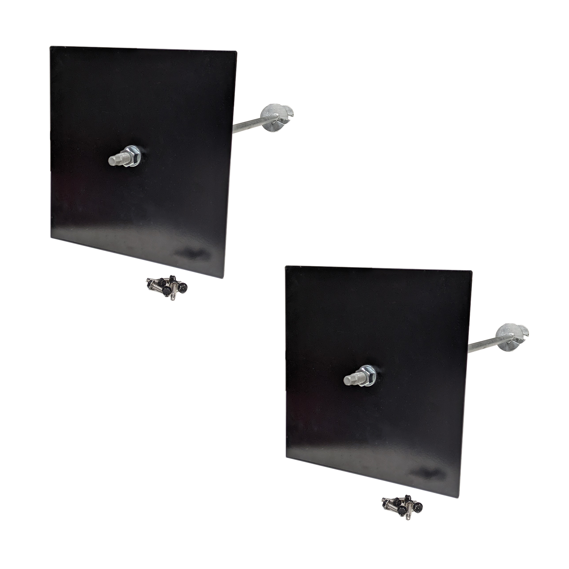 two pergola foot anchors with flat load plate on a white background