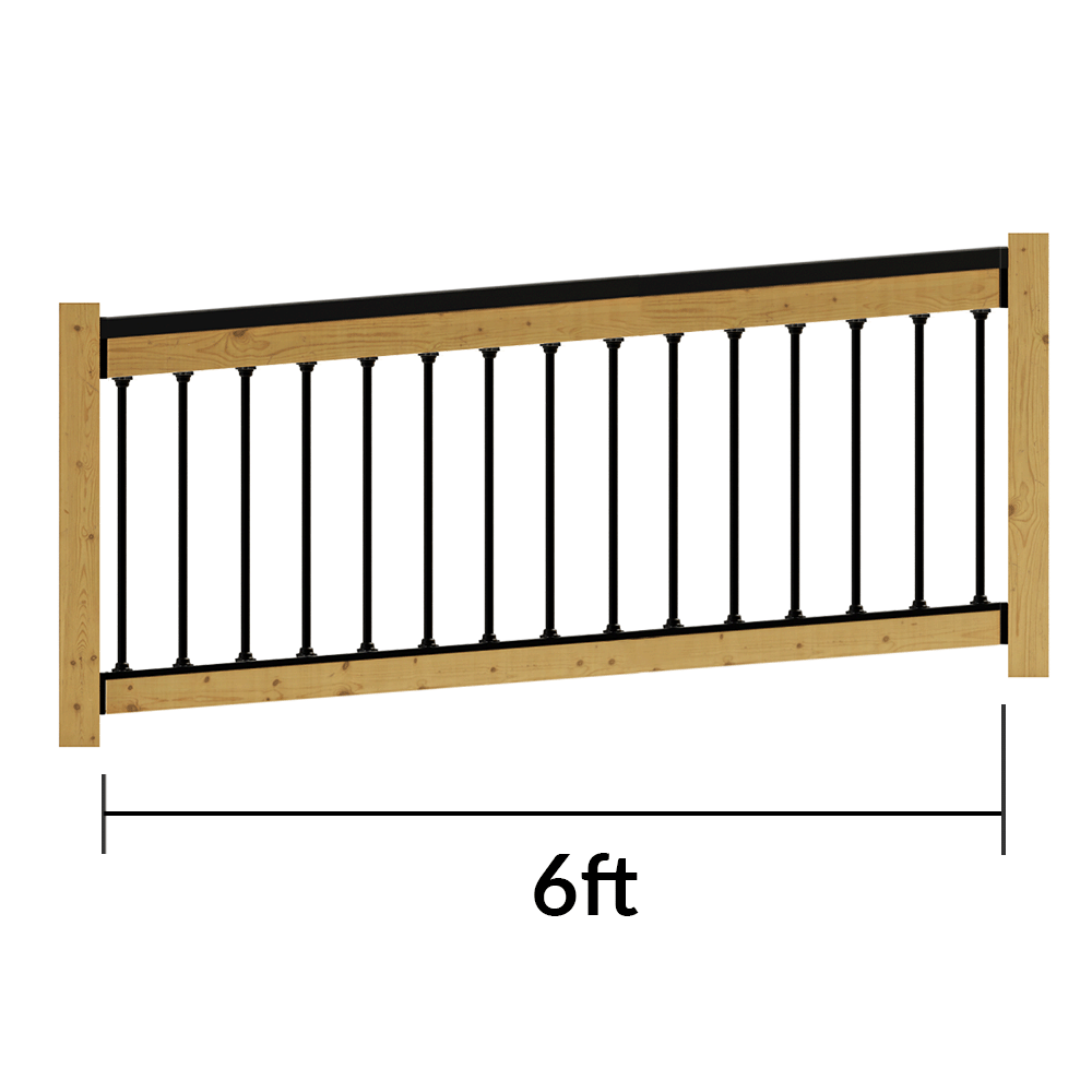 Wooden fence panel with black metal railing and dimensions indicating a length of 6 feet.