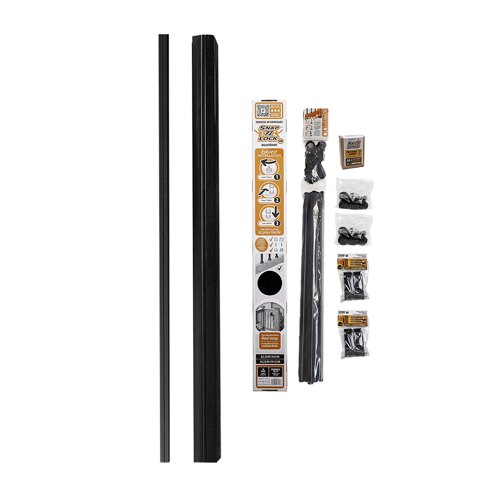 Black rail shield covers with packaging and accessories on a white background