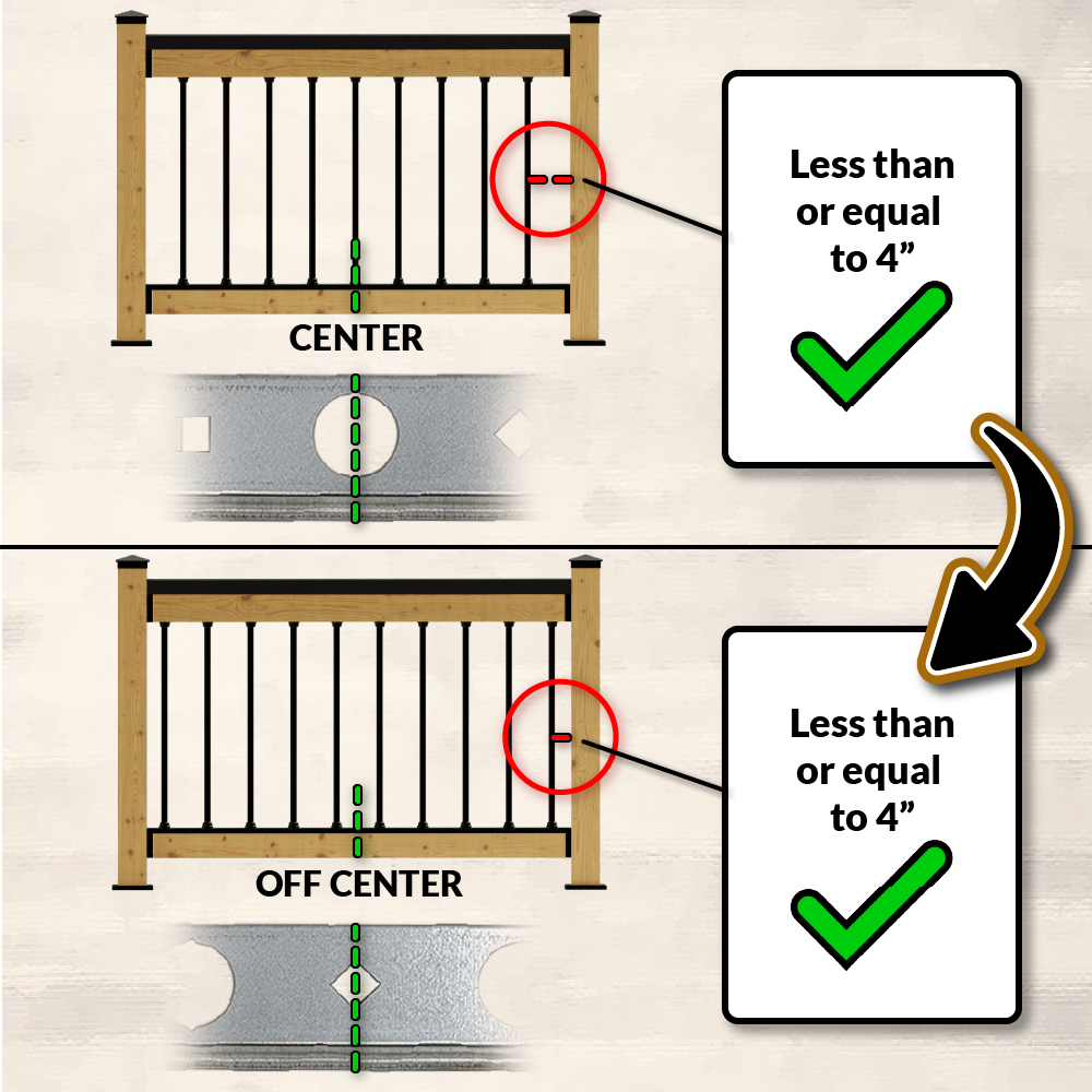 Diagram of a handrail with vertical bars: The top image displays centered galvanized steel bars with equal gaps, marked correct by a green checkmark. The bottom image highlights off-center bars but maintains equal spacing using the Snapn Go Baluster Guide, also marked correct with a green checkmark.