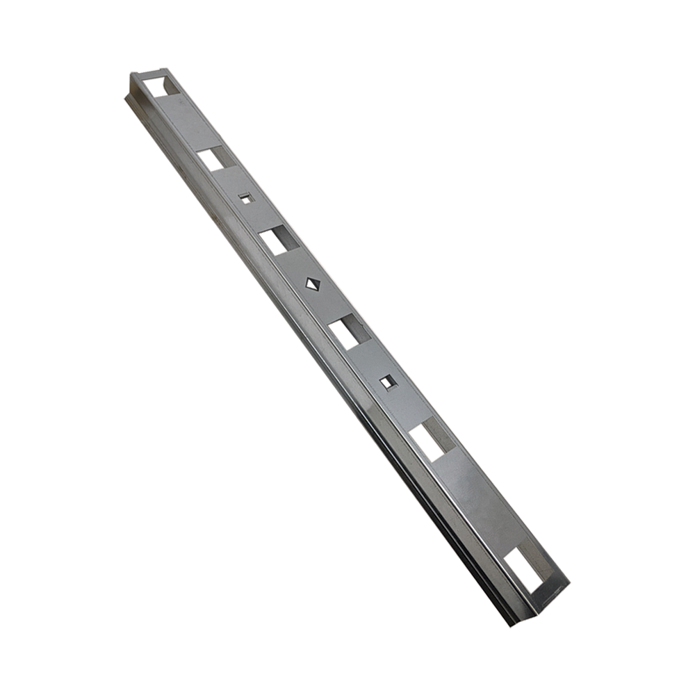 A galvanized steel rail with square and rectangular cutouts is set diagonally on a white background, demonstrating the precision of baluster installation made easy with the Snapn Go Baluster Guide.