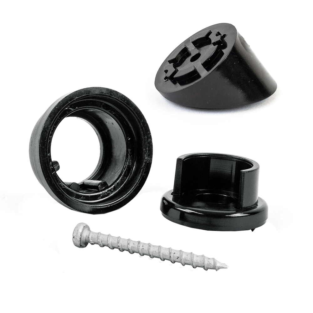 single round black snap'n lock connector and stair adapter on a white background