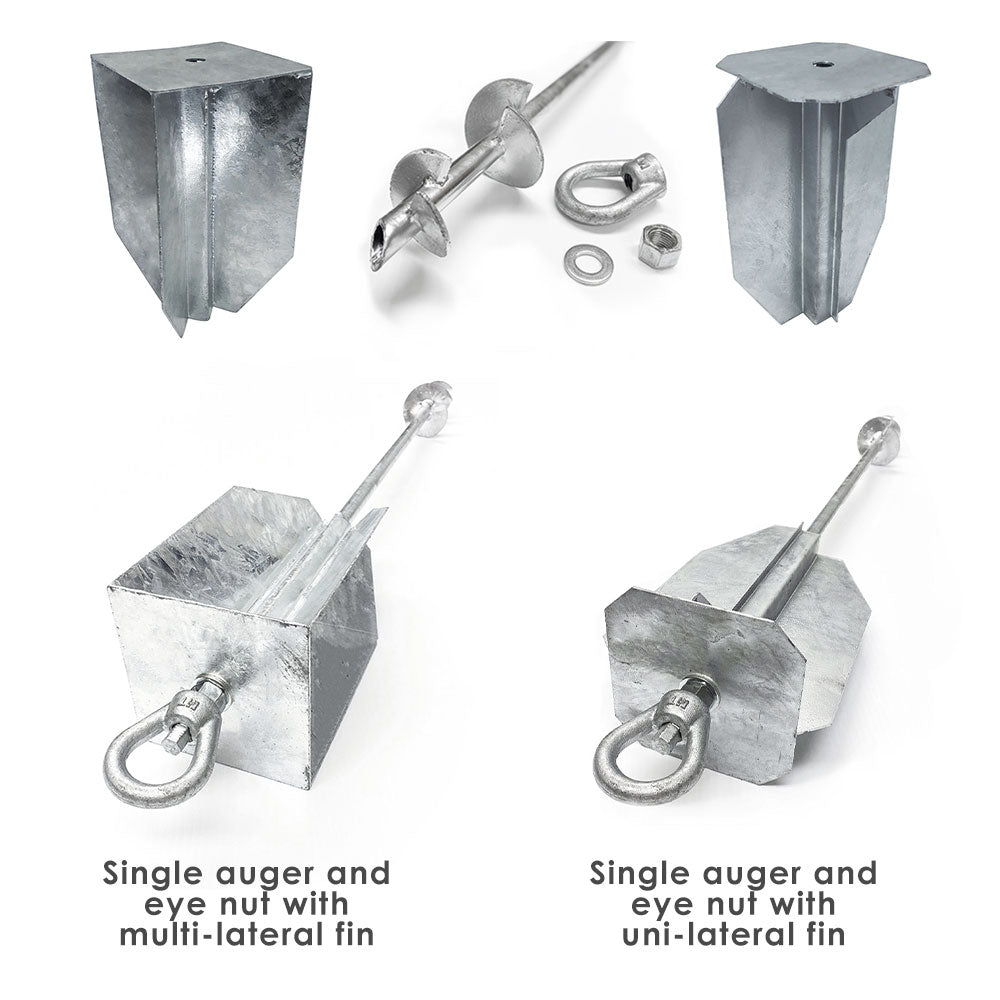 The Ground Anchor - Lateral set contains three types: multi-lateral fins, single auger with eye nut, and uni-lateral fins. Each has a shining metallic finish, includes loose nuts, and is perfect for installation with a tool or auger drive.