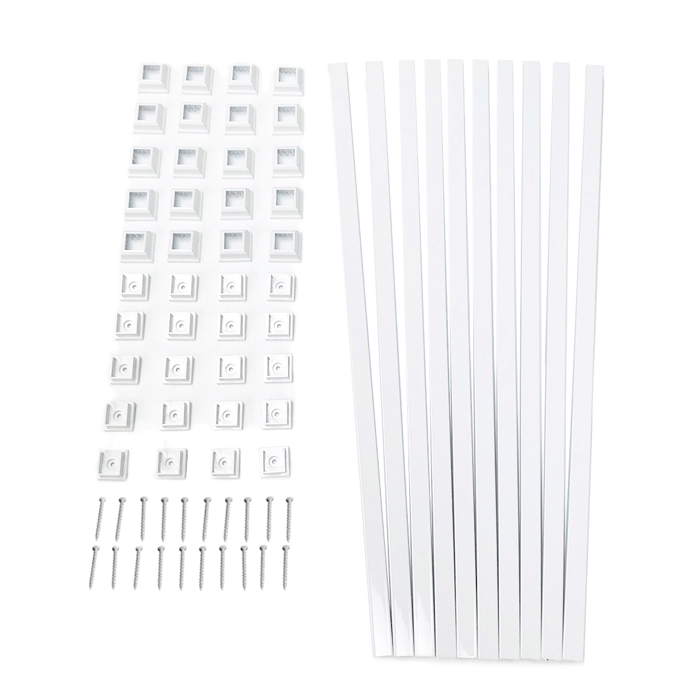 10 white square balusters with snap'n lock connectors on a white background