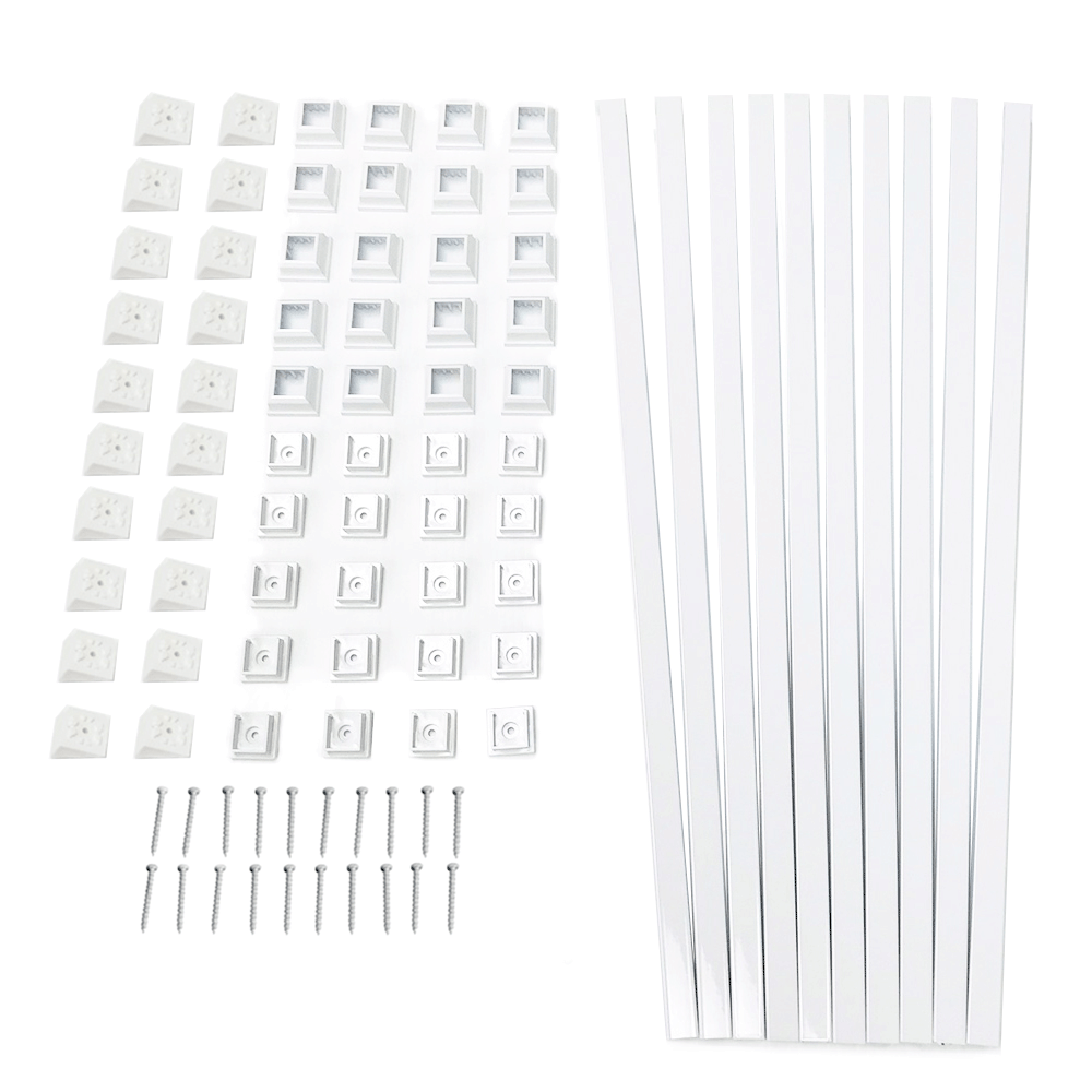 Set of white square snap'n lock parts including balusters connectors, and stair adapters on a white background