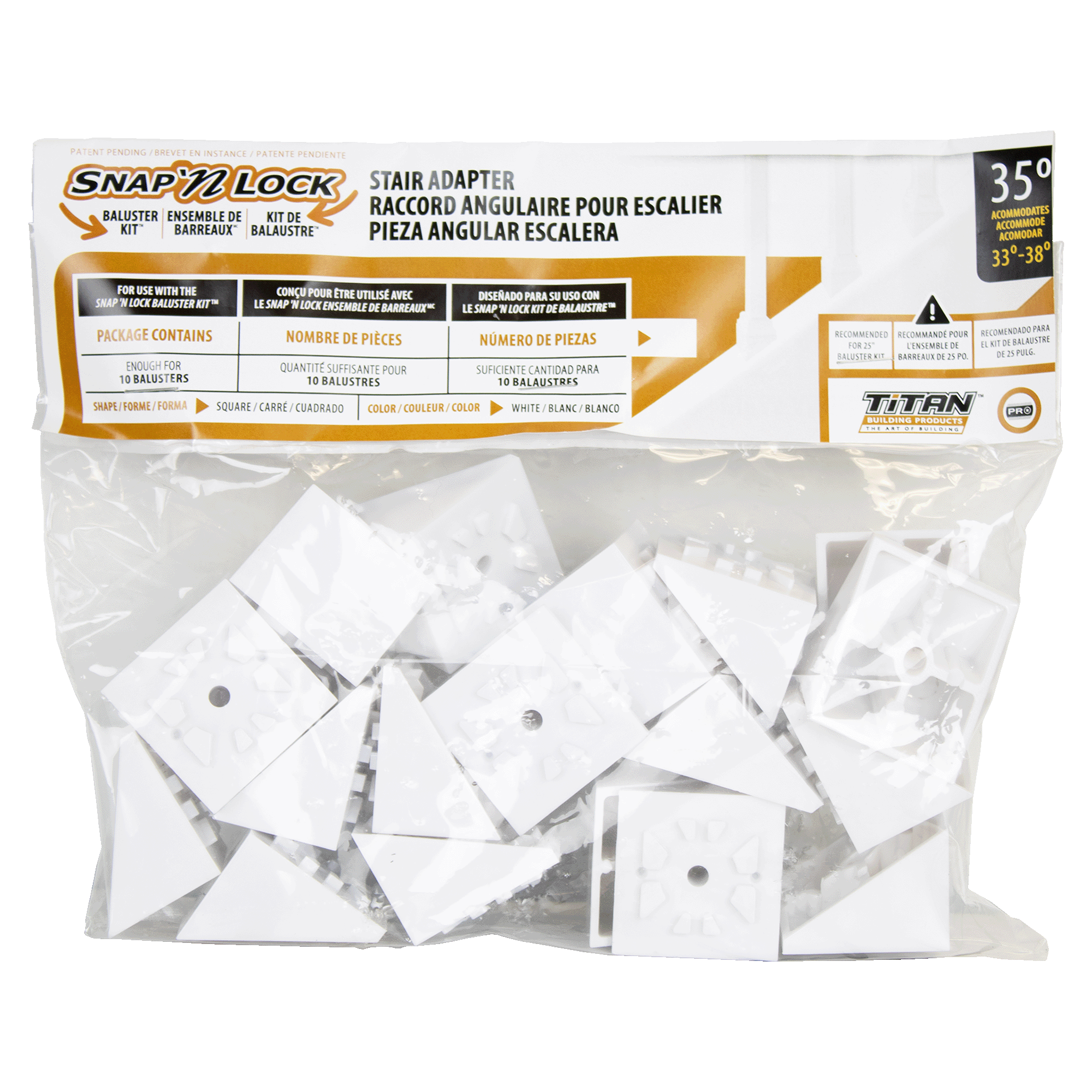 Package of square white Snap Lock stair adapter pieces with packaging details.