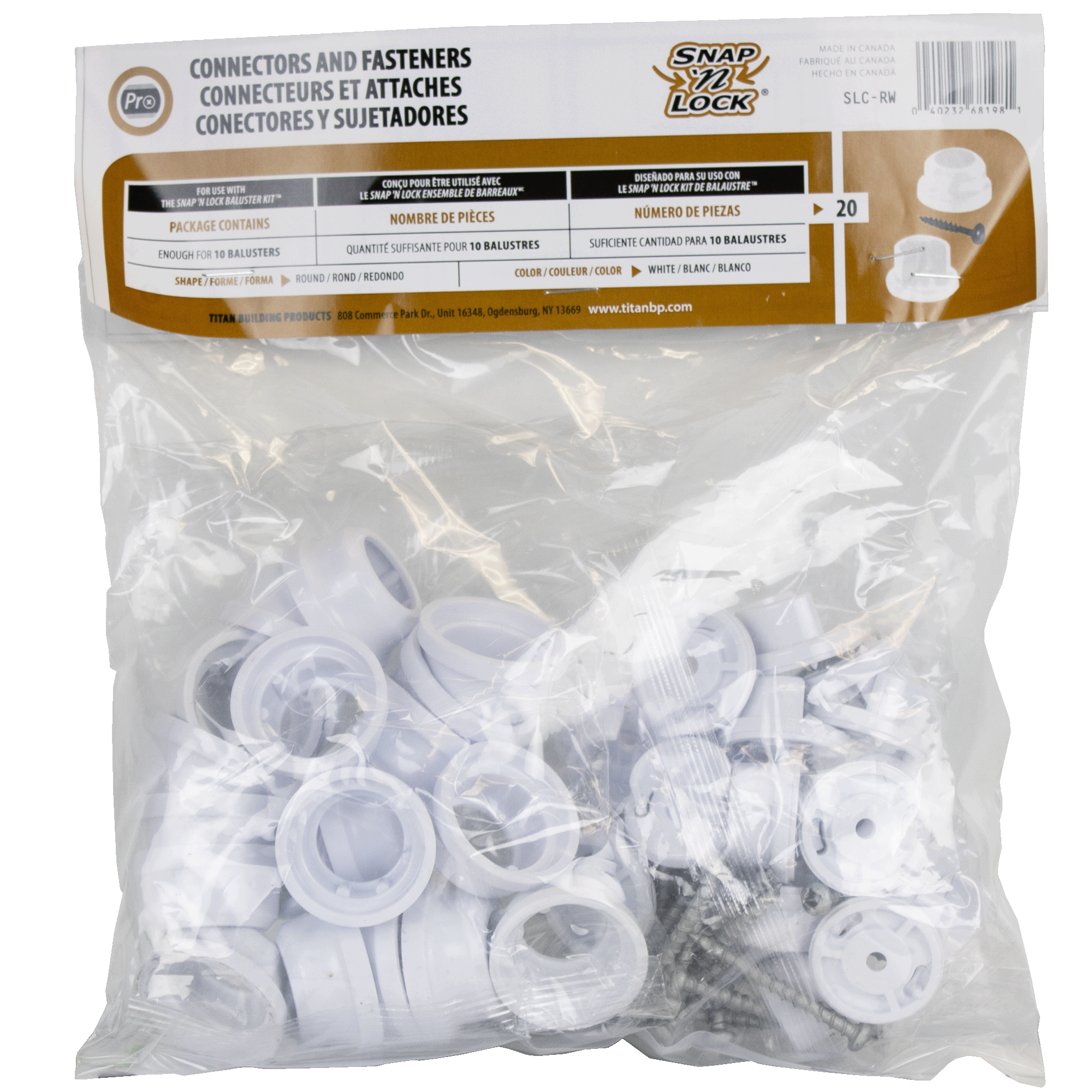 Bag of white round snap'n lock connectors and fasteners with Snap Lock branding on packaging