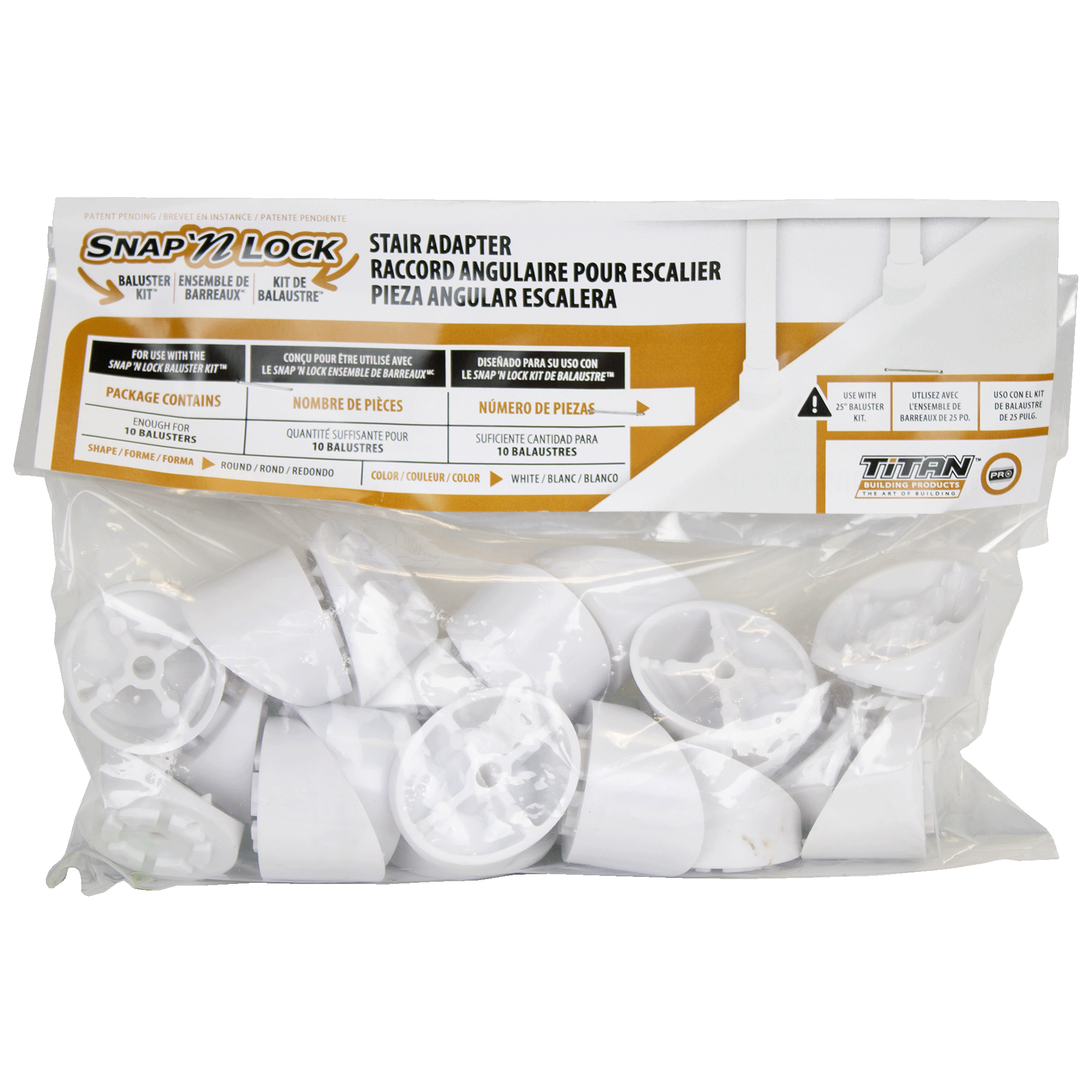 Bag of round white stair adapter components with Snap N Lock packaging on a white background