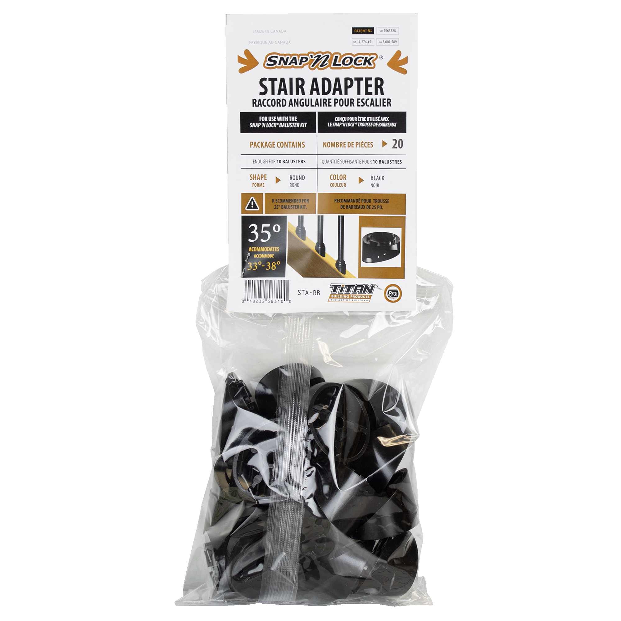 Snap Lock round black stair adapter packaging with clear bag containing black adapters on a white background