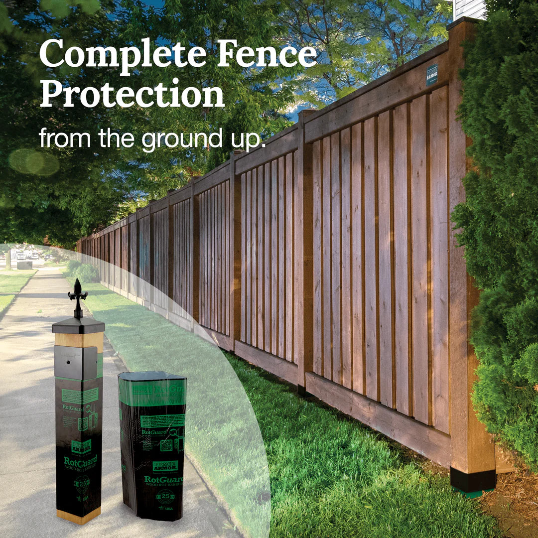 Wooden fence with security products labeled 'Complete Fence Protection' on a grassy area.