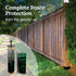 Wooden fence with security products labeled 'Complete Fence Protection' on a grassy area.
