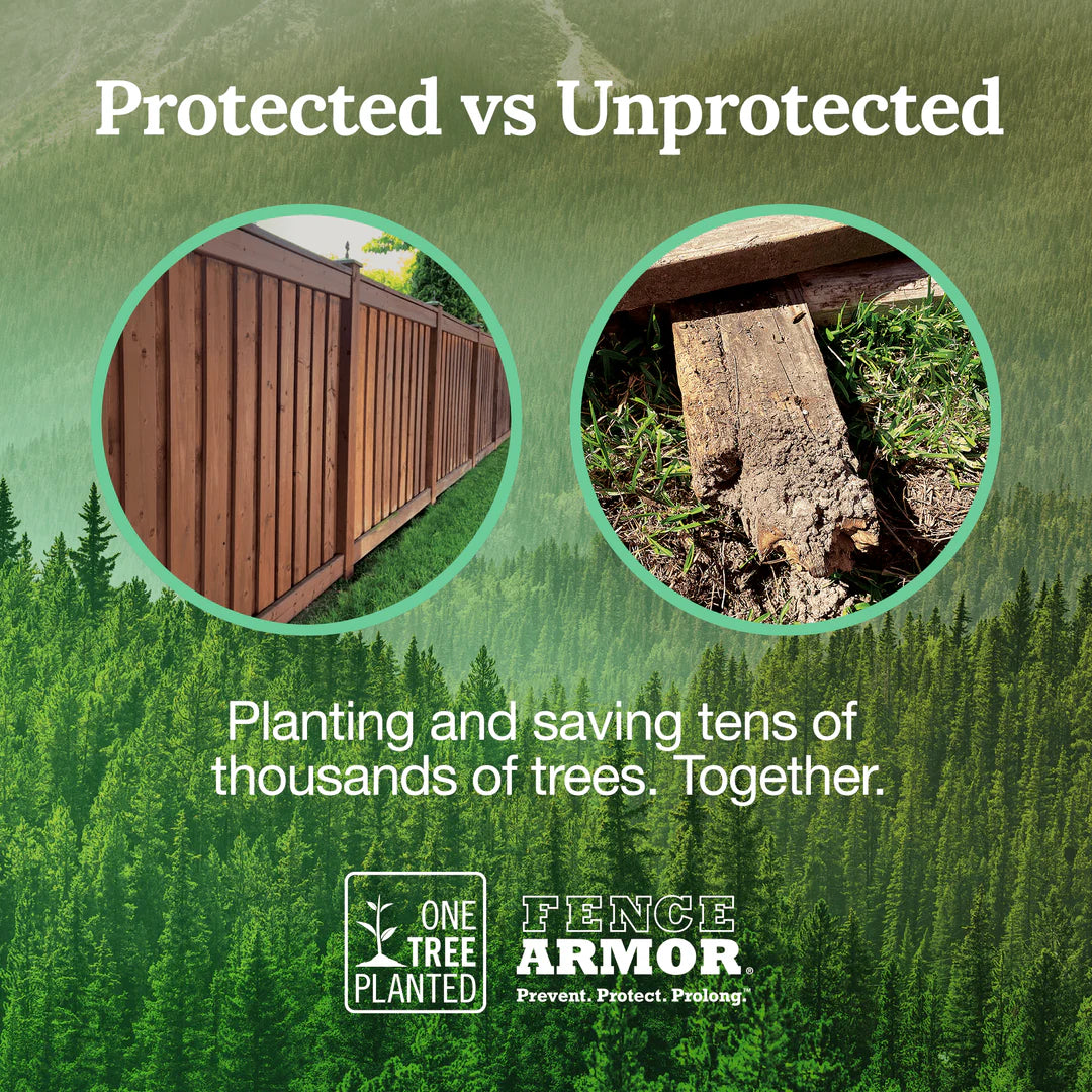 Comparison of protected and unprotected areas with text about tree planting and a logo for Fence Armor.
