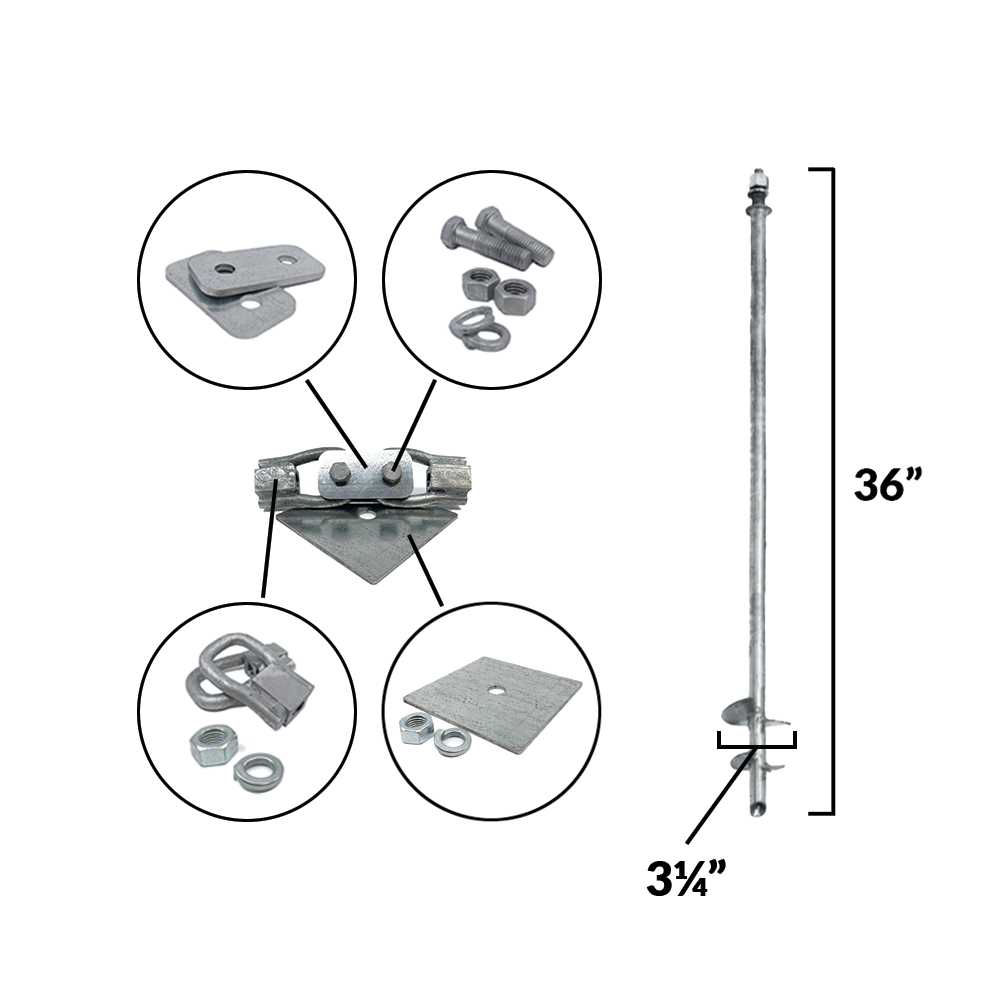 A set of silver-colored retaining wall tieback anchors, including eye nuts, threaded rods, cap screws, nuts, and washers, with a lock washer on the right side.