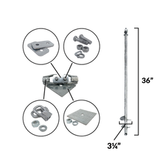 A set of silver-colored retaining wall tieback anchors, including eye nuts, threaded rods, cap screws, nuts, and washers, with a lock washer on the right side.
