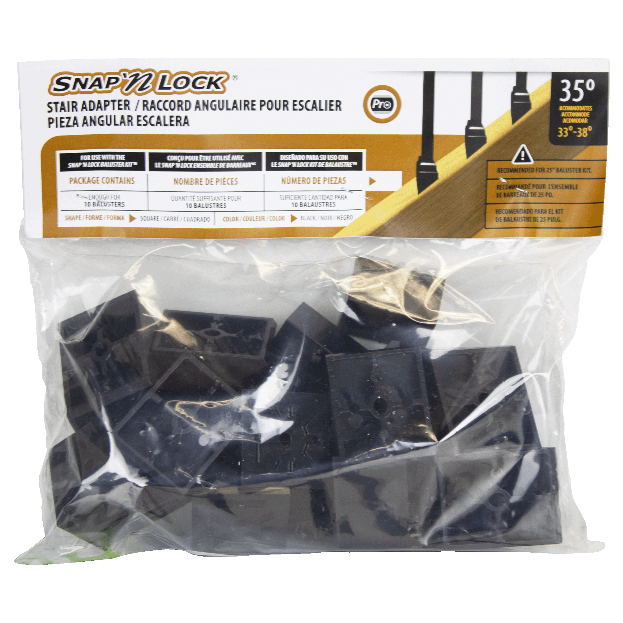 Package of square black Snap Lock stair adapter with clear plastic wrapping on a white background