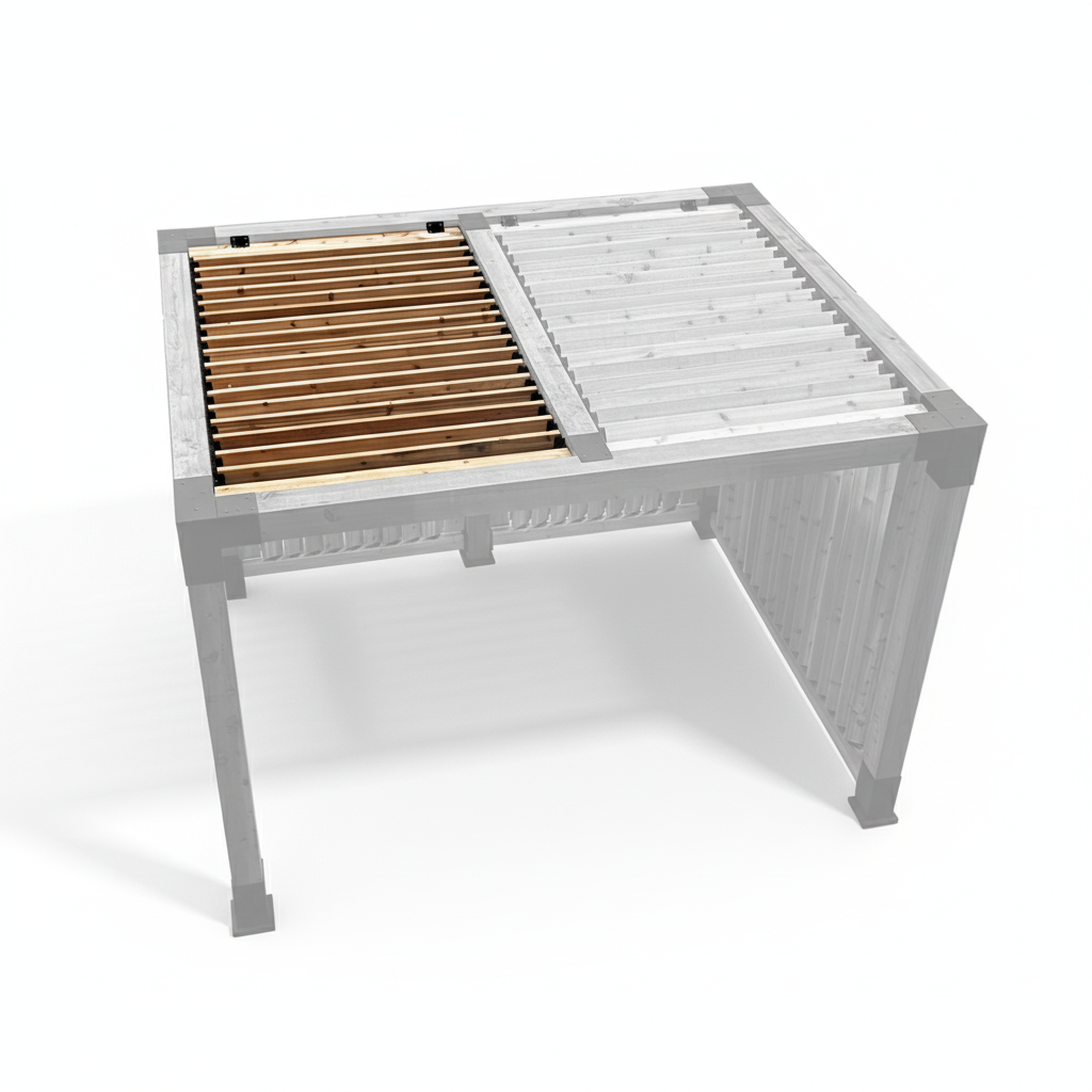 base pergo-louver kit with a split roof, showing the greyed out parts that are not included in a single kit