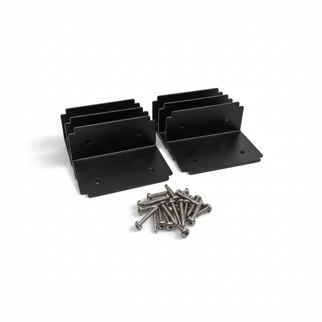 6 privacy panel brackets with screws laid out on a white background