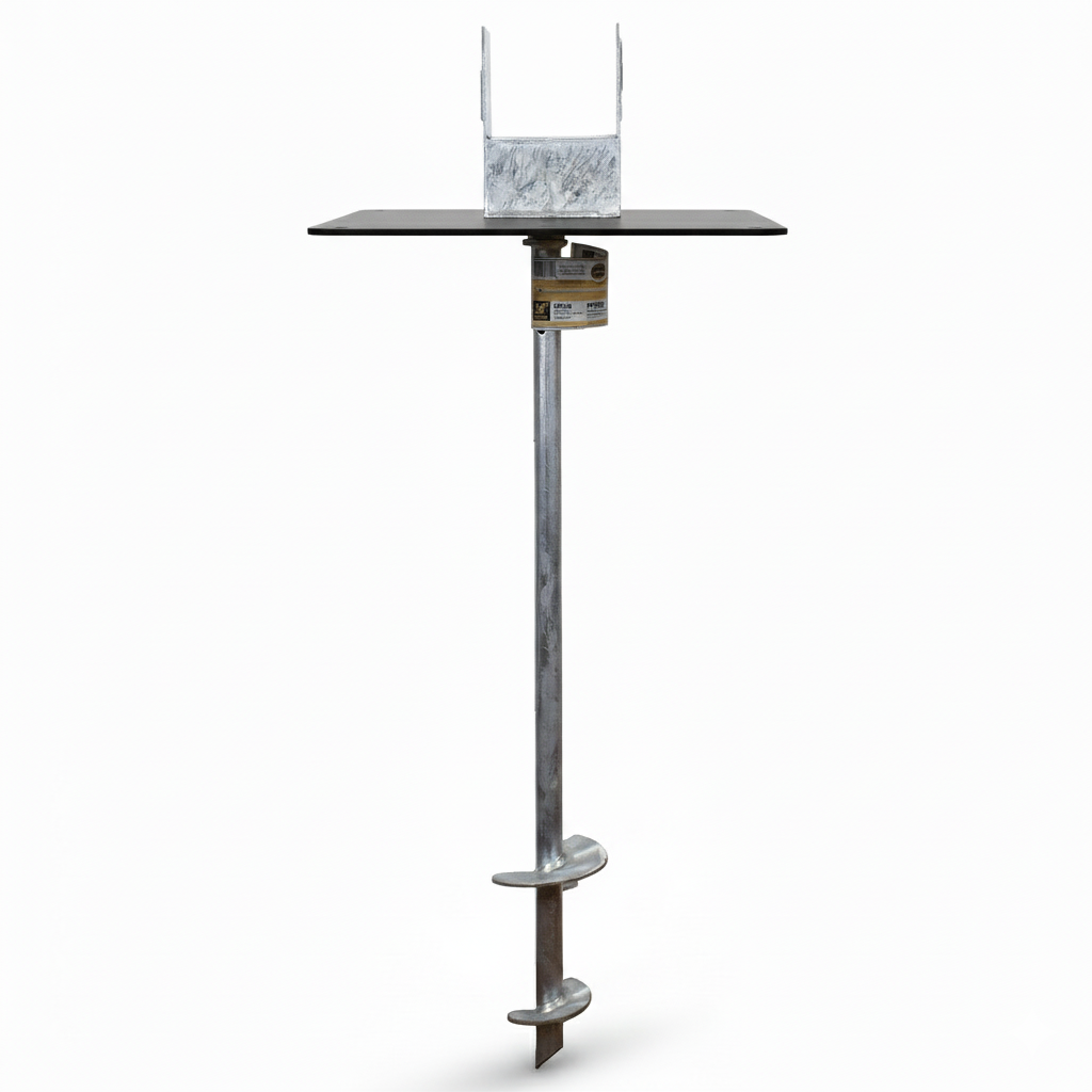 deck foot anchor upright with flat black load plate on a white background fully assembled 