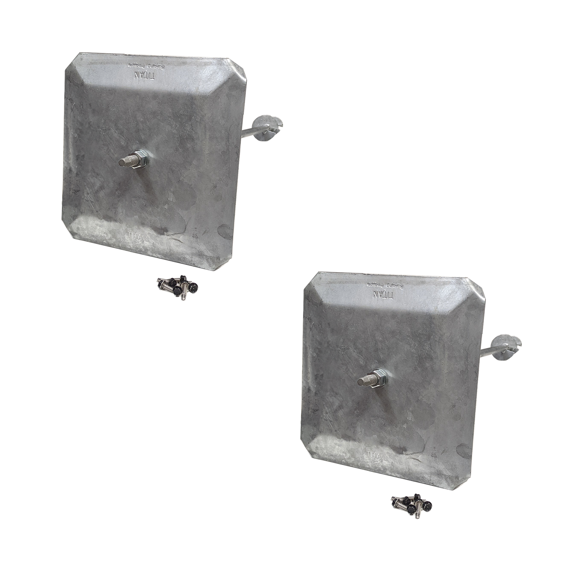 two pergola foot anchors with convex load plate on a white background