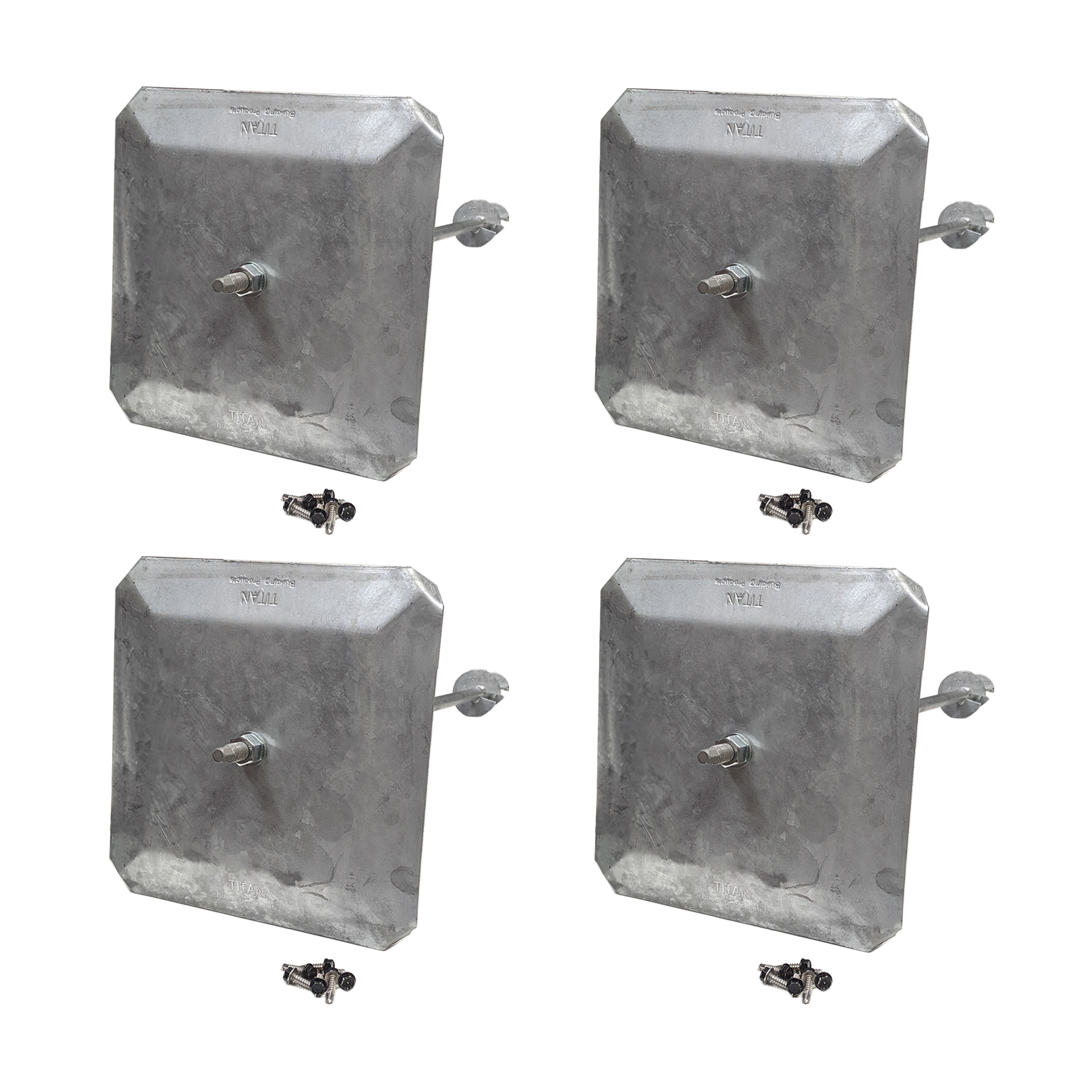 four pergola foot anchors with convex load plate on a white background