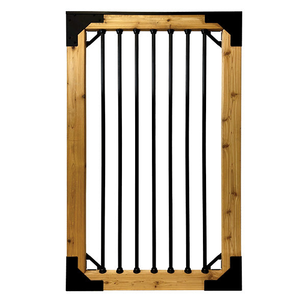 Wooden gate frame with black metal balusters and connectors