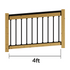 Wooden railing with black metal balusters and dimensions on a white background