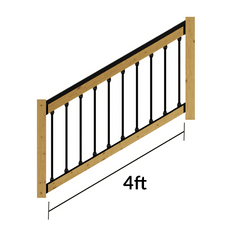 Wooden stair railing with black metal balusters and a measurement of 4 feet on a white background.