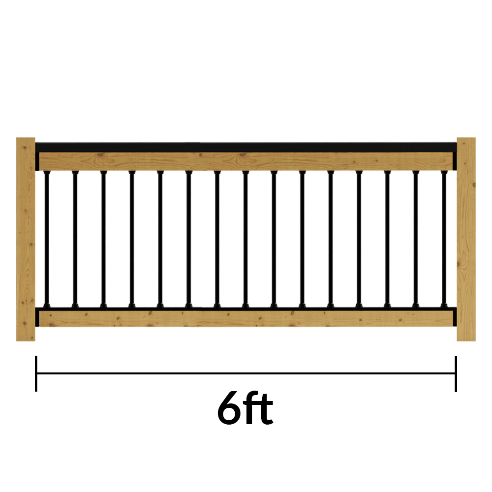 Wooden fence panel with black metal railing and measurement '6ft' on a white background
