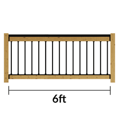 Wooden fence panel with black metal railing and measurement '6ft' on a white background