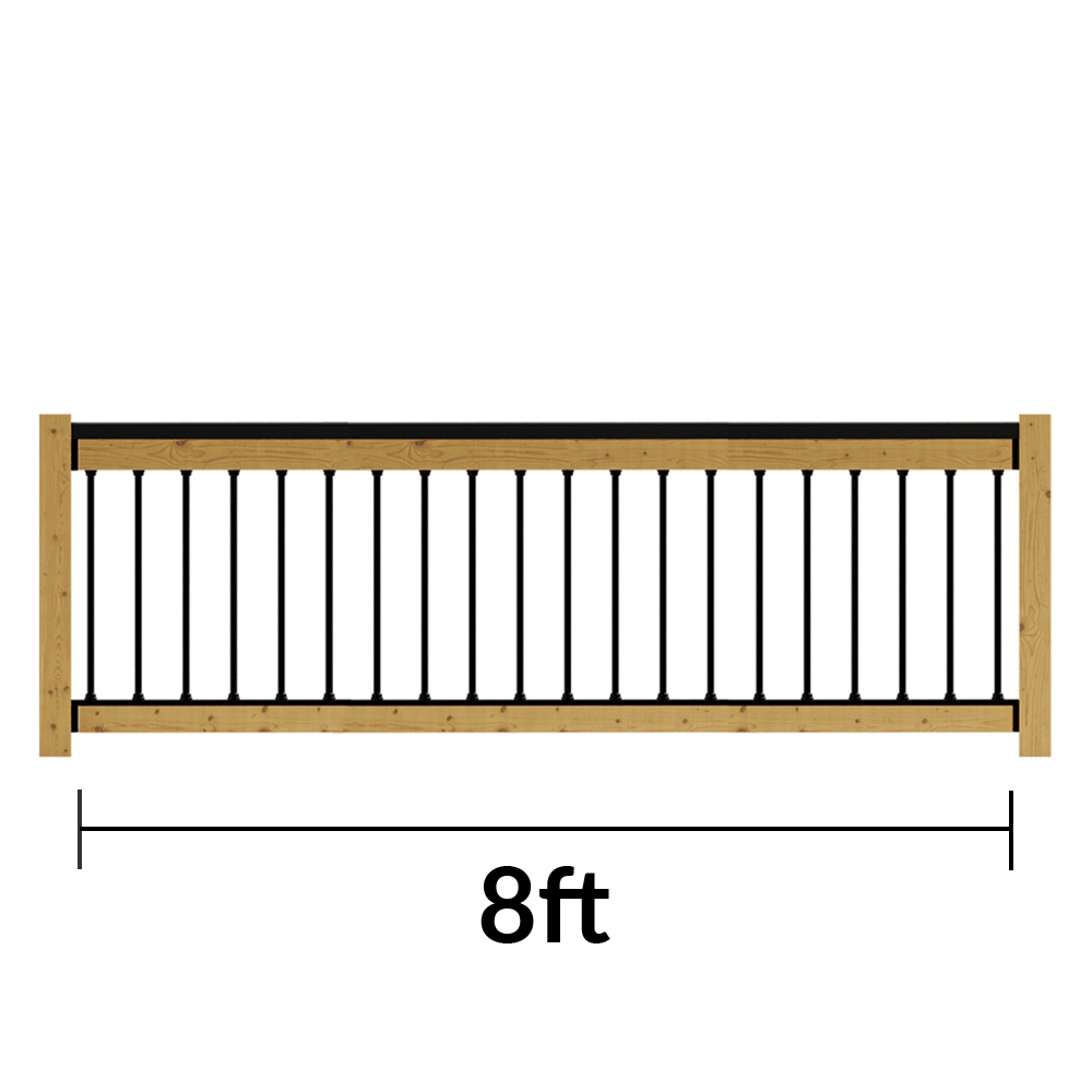 Wooden fence panel with black top rail, bottom rail, balusters and measurement '8ft' on a white background