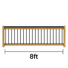 Wooden fence panel with black top rail, bottom rail, balusters and measurement '8ft' on a white background