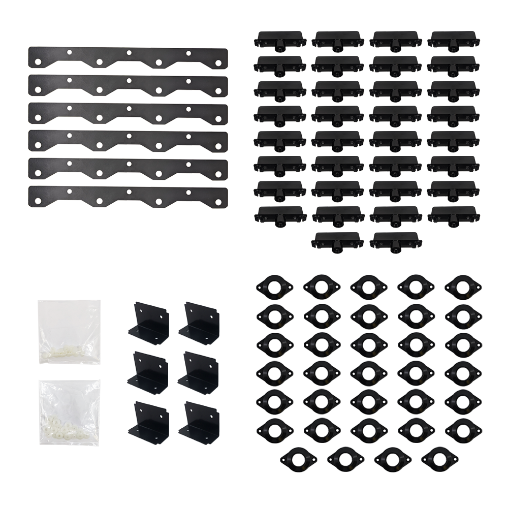 Collection of black metal brackets and components on a white background
