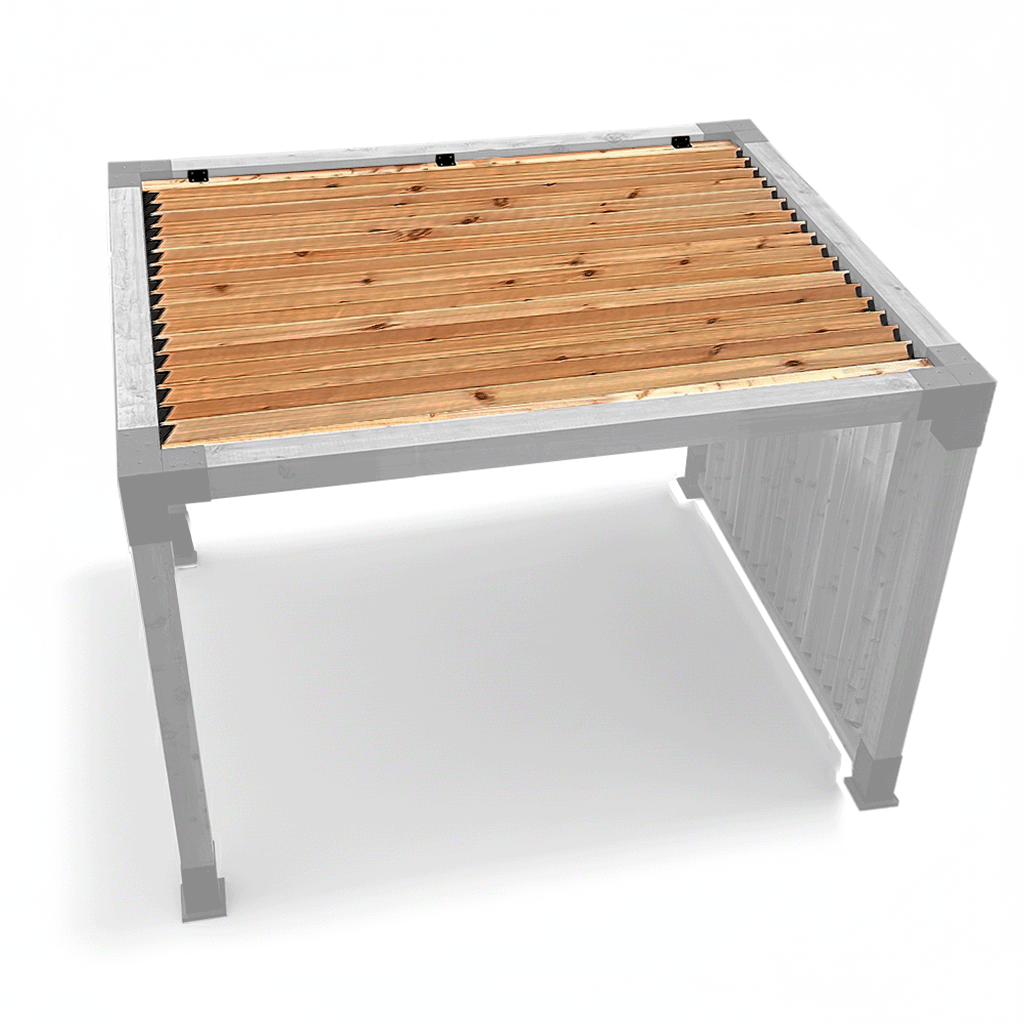Pergo-louver roof spanning a full 8 feet on a white background