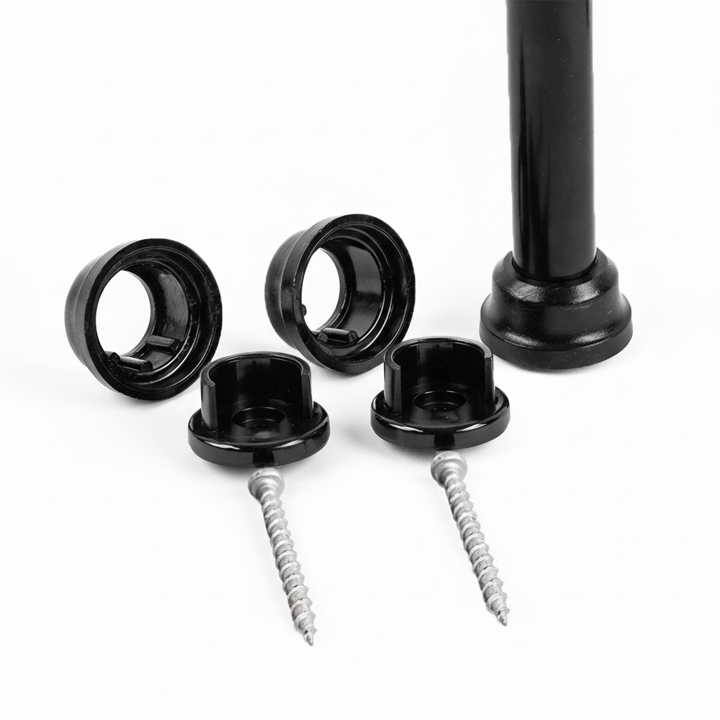 Black baluster rod parts including brackets and screws on a white background