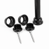 Black baluster rod parts including brackets and screws on a white background