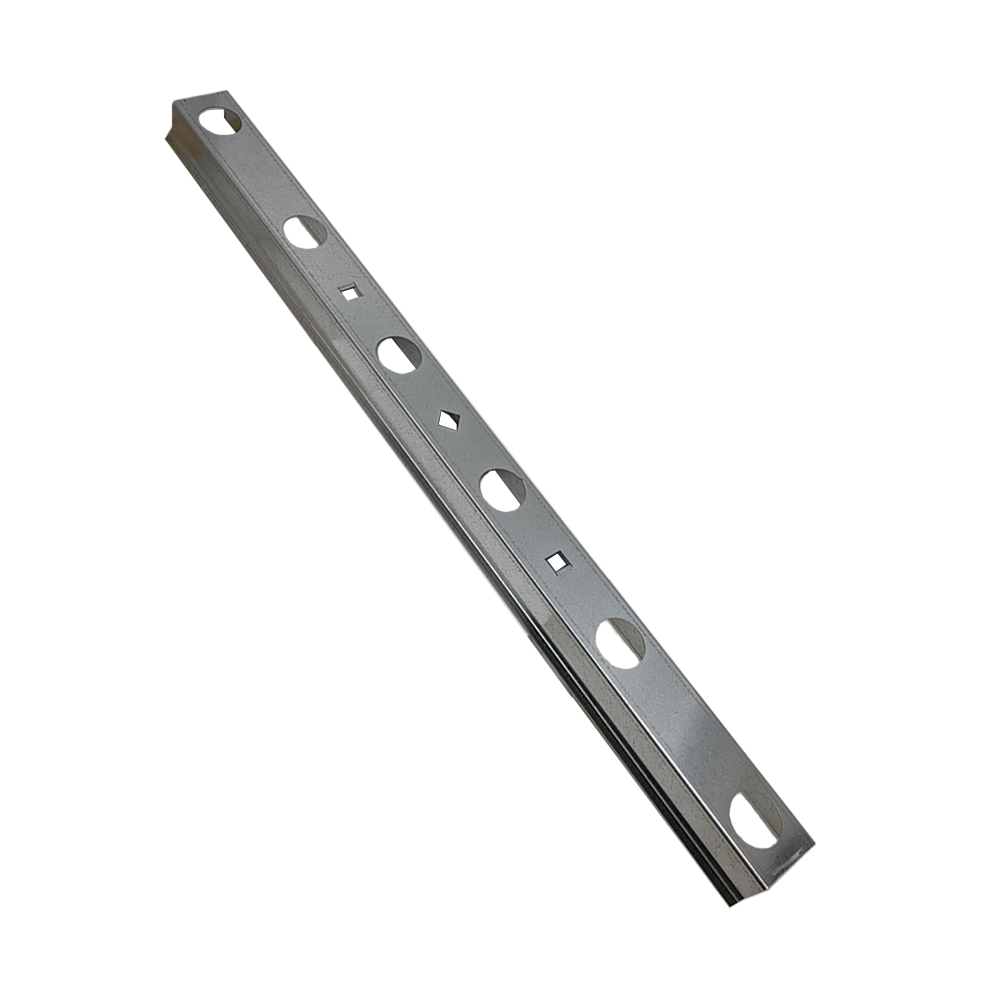 The galvanized steel angle bracket, designed for seamless Snapn Go Baluster Guide alignment, features round and square holes and a silver metallic finish that highlights precision cuts, making it ideal for structural support and baluster installation.