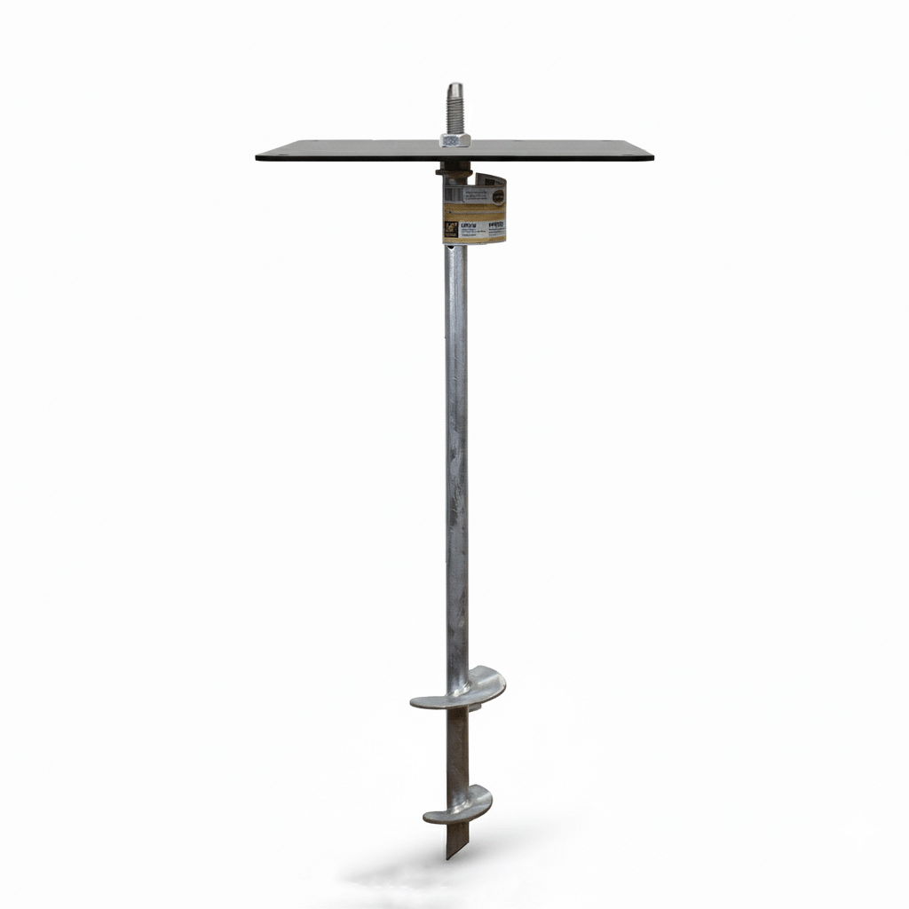 Pergola foot anchor with flat black load plate assembled upright on a white background 