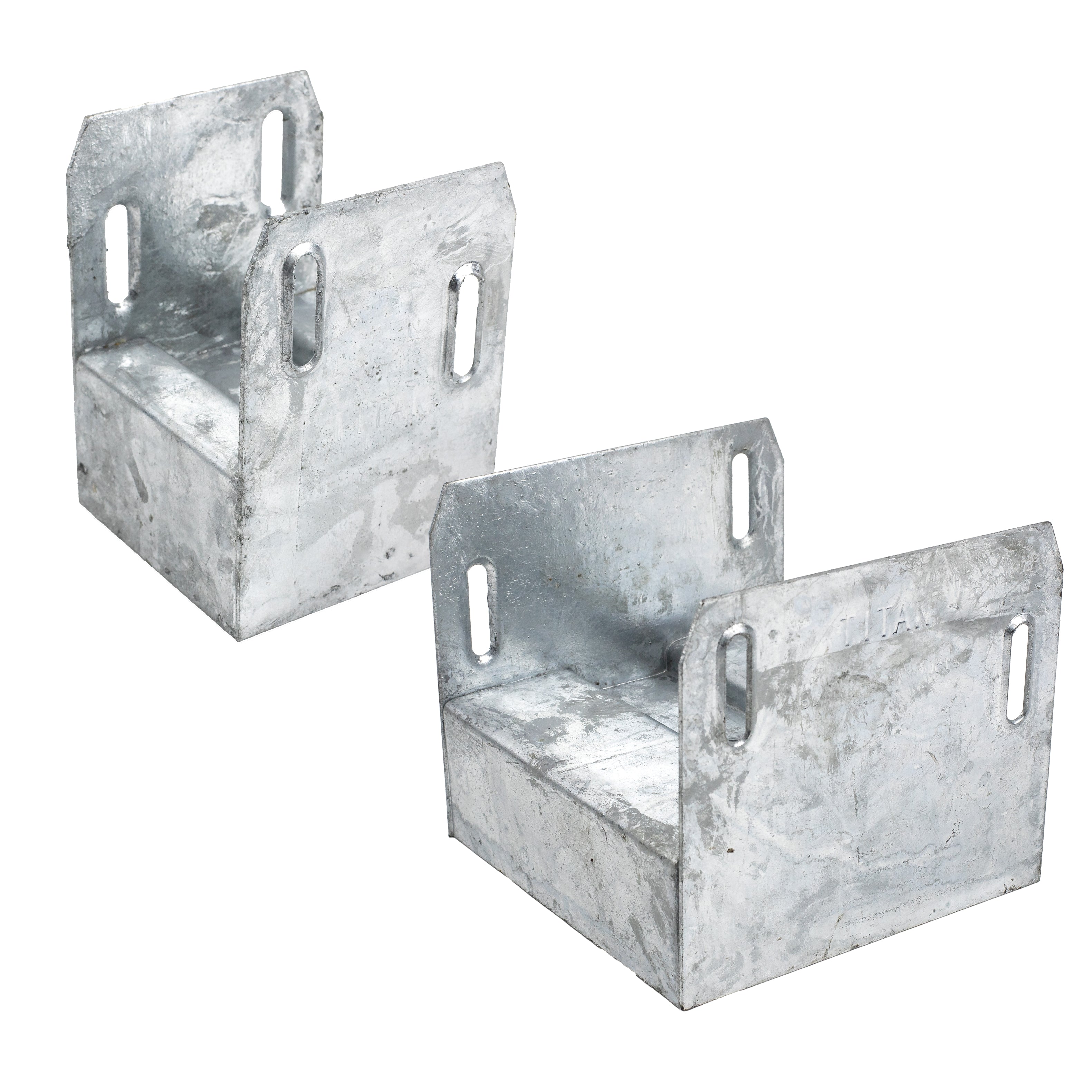 4x4 and 6x6 galvanized post saddles on white background