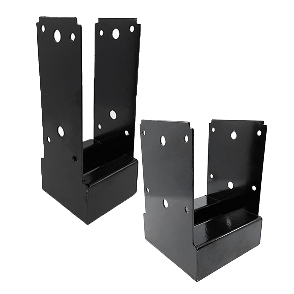4x4 and 6x6 black tall boy post anchors on a white background