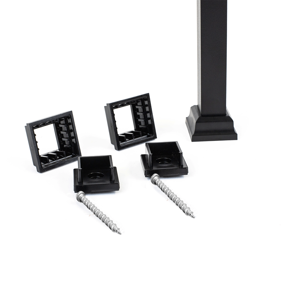 two black square snap'n lock connectors positioned beside a baluster on a white background