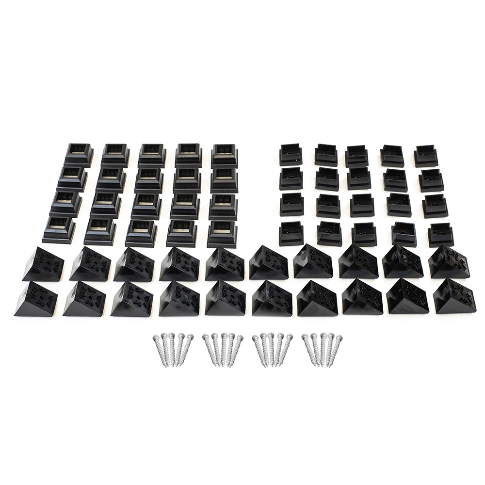 Set of black pyramid-shaped snap'n lock stair adapters and screws on a white background