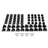 Set of black pyramid-shaped snap'n lock stair adapters and screws on a white background