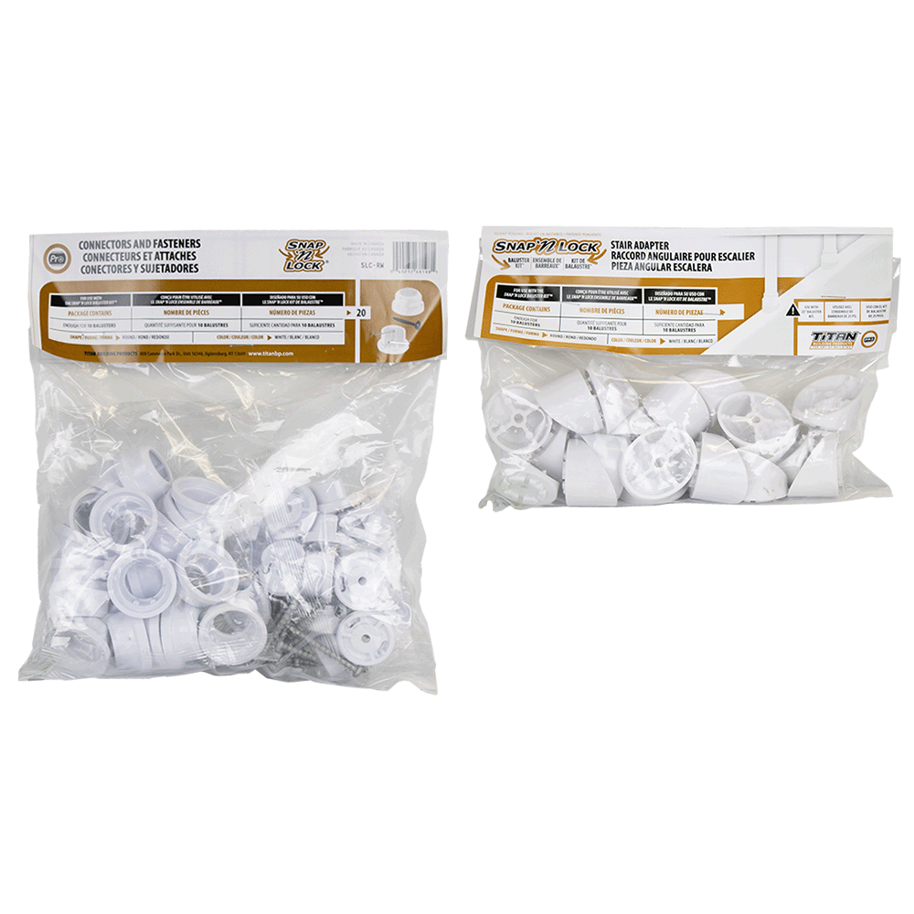 round white snap'n lock connectors and stair adapters in packaging on a white background