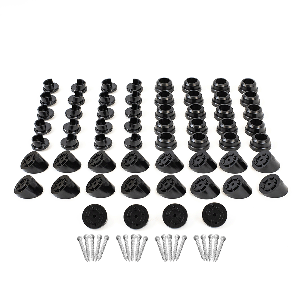 multiple round black snap'n lock connectors and stair adapters on a white background