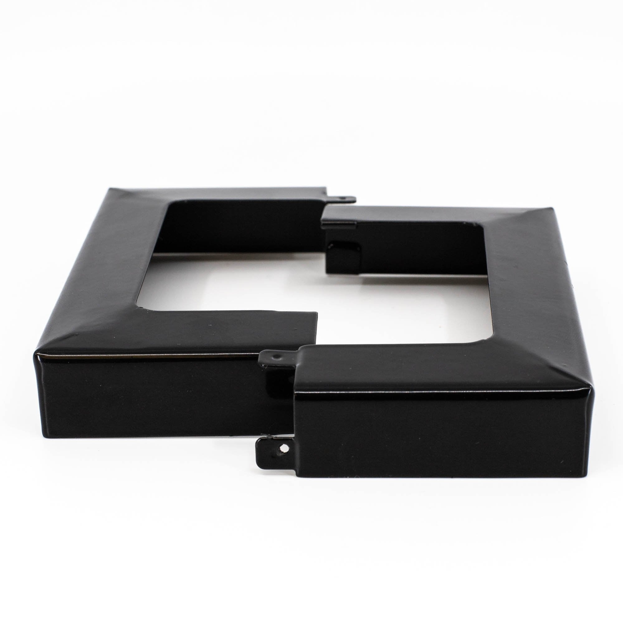 A black metal post skirt designed to provide modern elegance and protection from the weather. It appears to be made of durable galvanized and powder-coated metal.