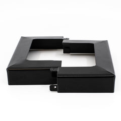 A black metal post skirt designed to provide modern elegance and protection from the weather. It appears to be made of durable galvanized and powder-coated metal.