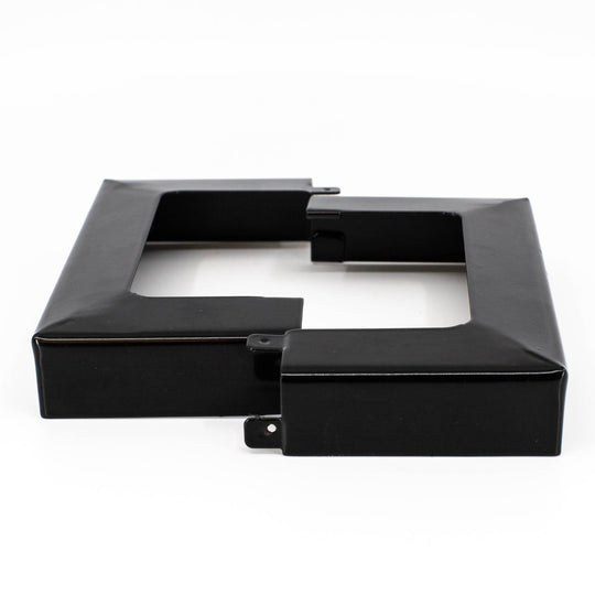 A black metal post skirt designed to provide modern elegance and protection from the weather. It appears to be made of durable galvanized and powder-coated metal.