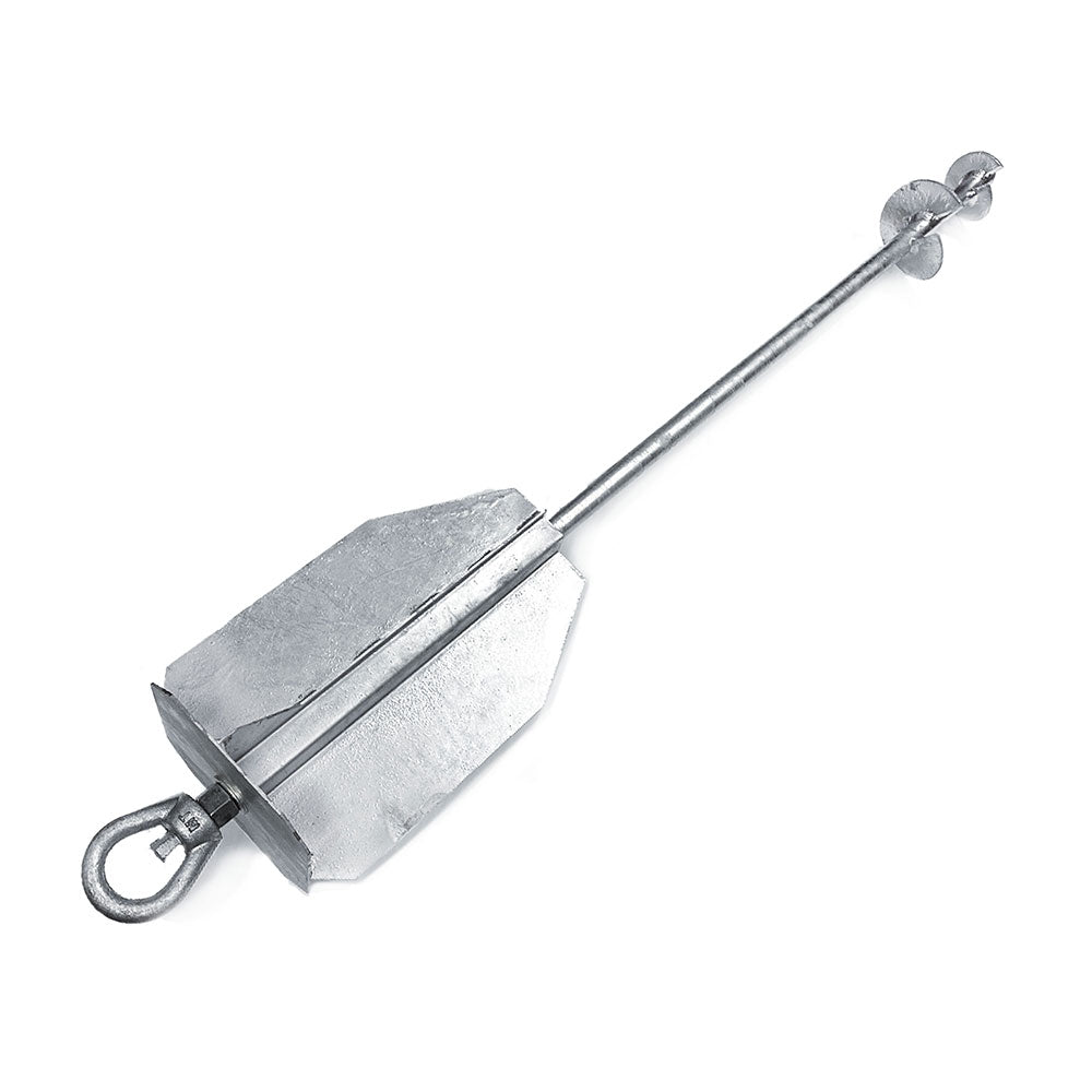 Ground Anchor with unilateral load fin shot from a top angle on a white background